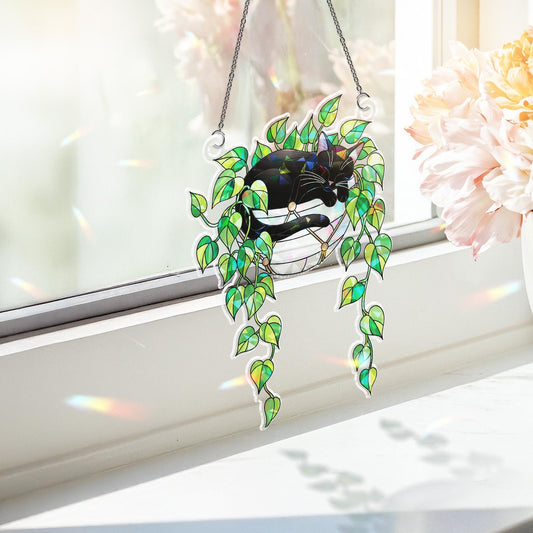 Black Cat Sleeping on Philodendron Hologram Acrylic Suncatcher