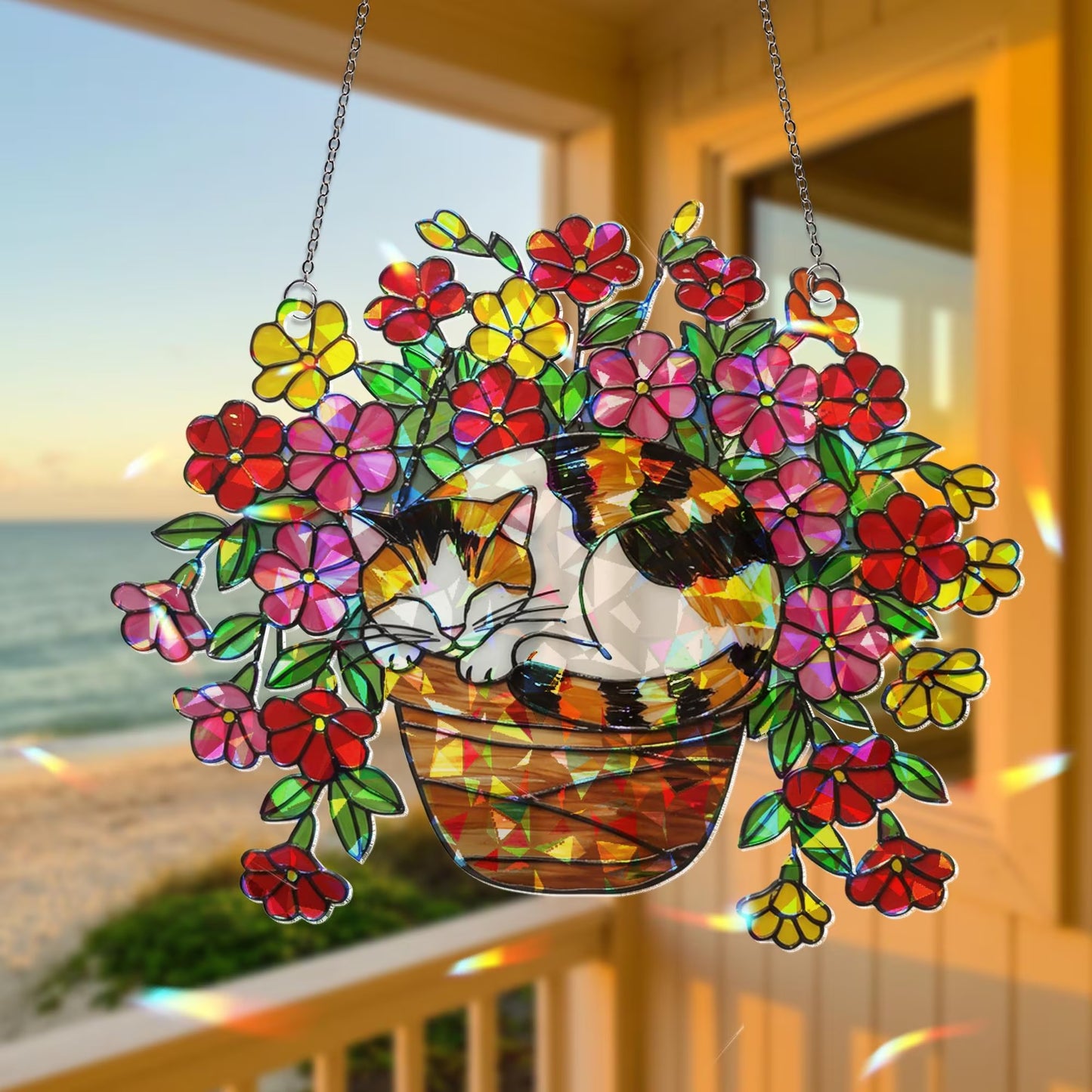 Calico Cat Flower Pot Hologram Acrylic Suncatcher