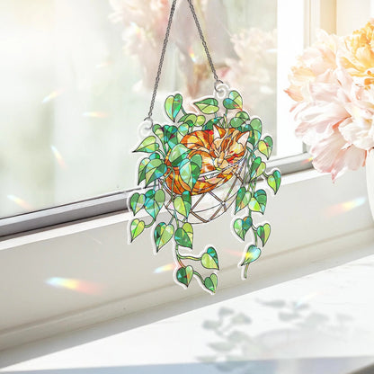 Orange Cat Sleeping on Philodendron Hologram Acrylic Suncatcher