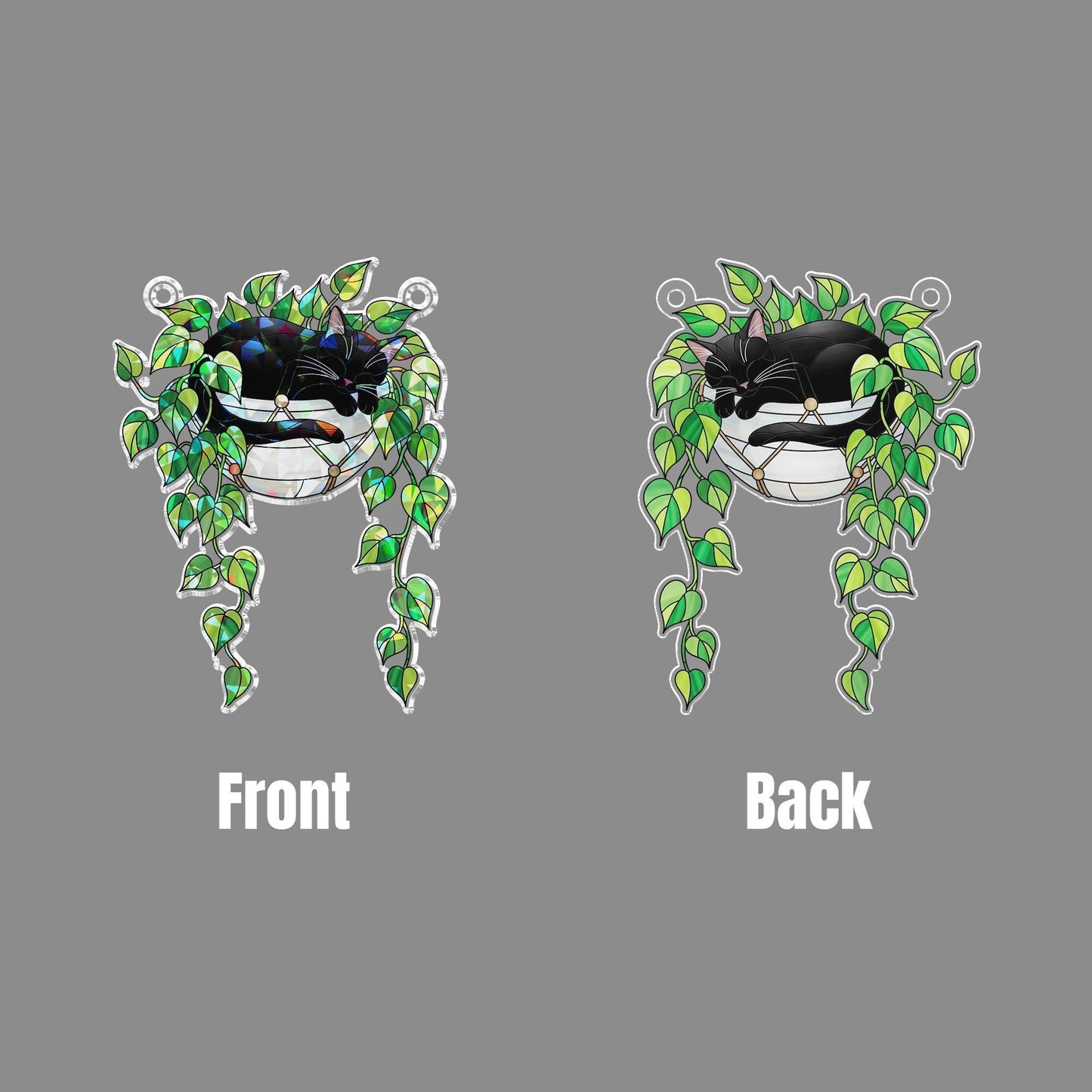 Black Cat Sleeping on Philodendron Hologram Acrylic Suncatcher