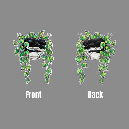 Black Cat Sleeping on Philodendron Hologram Acrylic Suncatcher