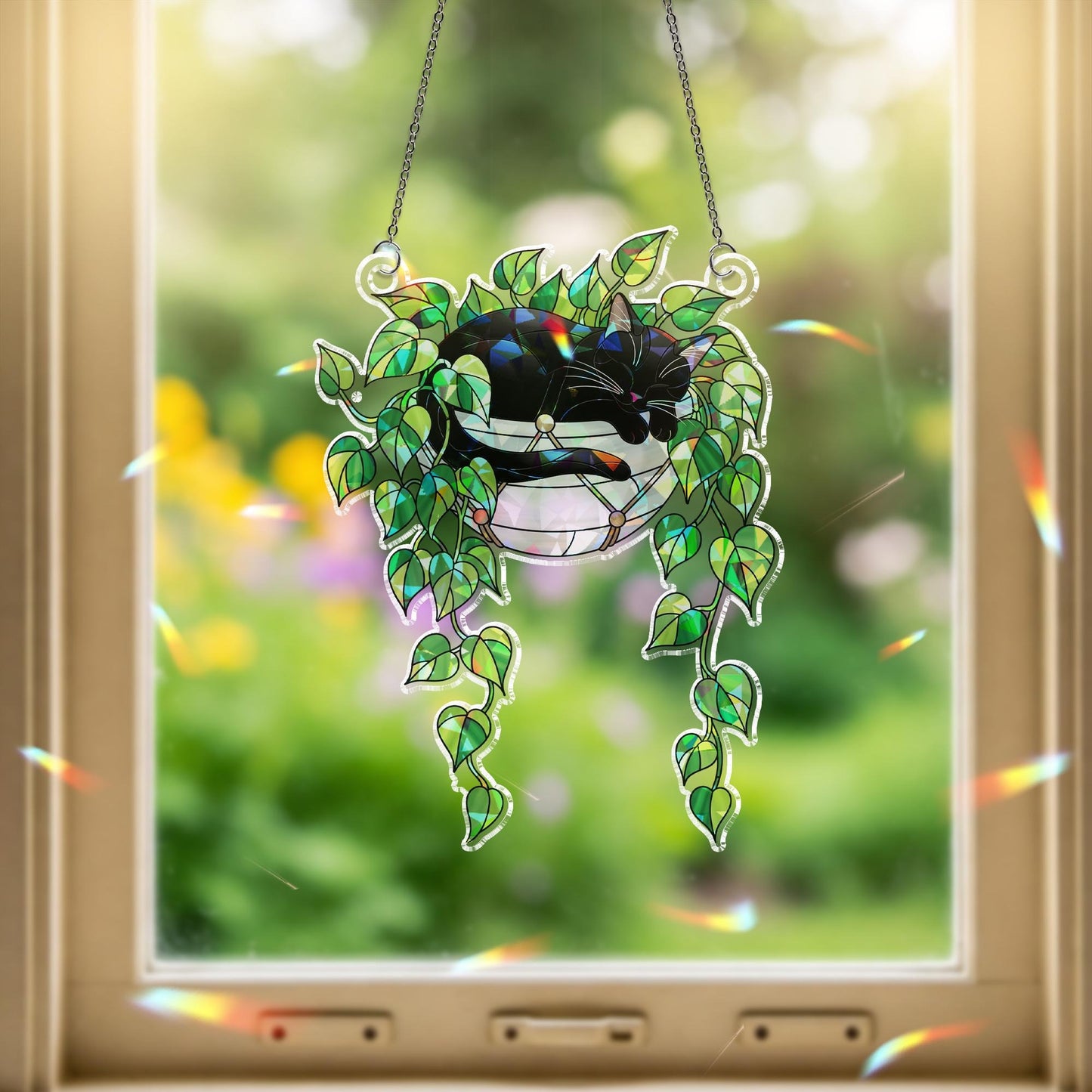 Black Cat Sleeping on Philodendron Hologram Acrylic Suncatcher