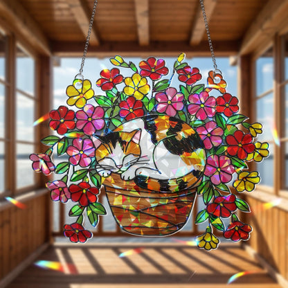 Calico Cat Flower Pot Hologram Acrylic Suncatcher