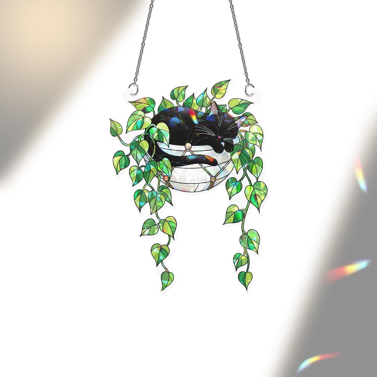 Black Cat Sleeping on Philodendron Hologram Acrylic Suncatcher
