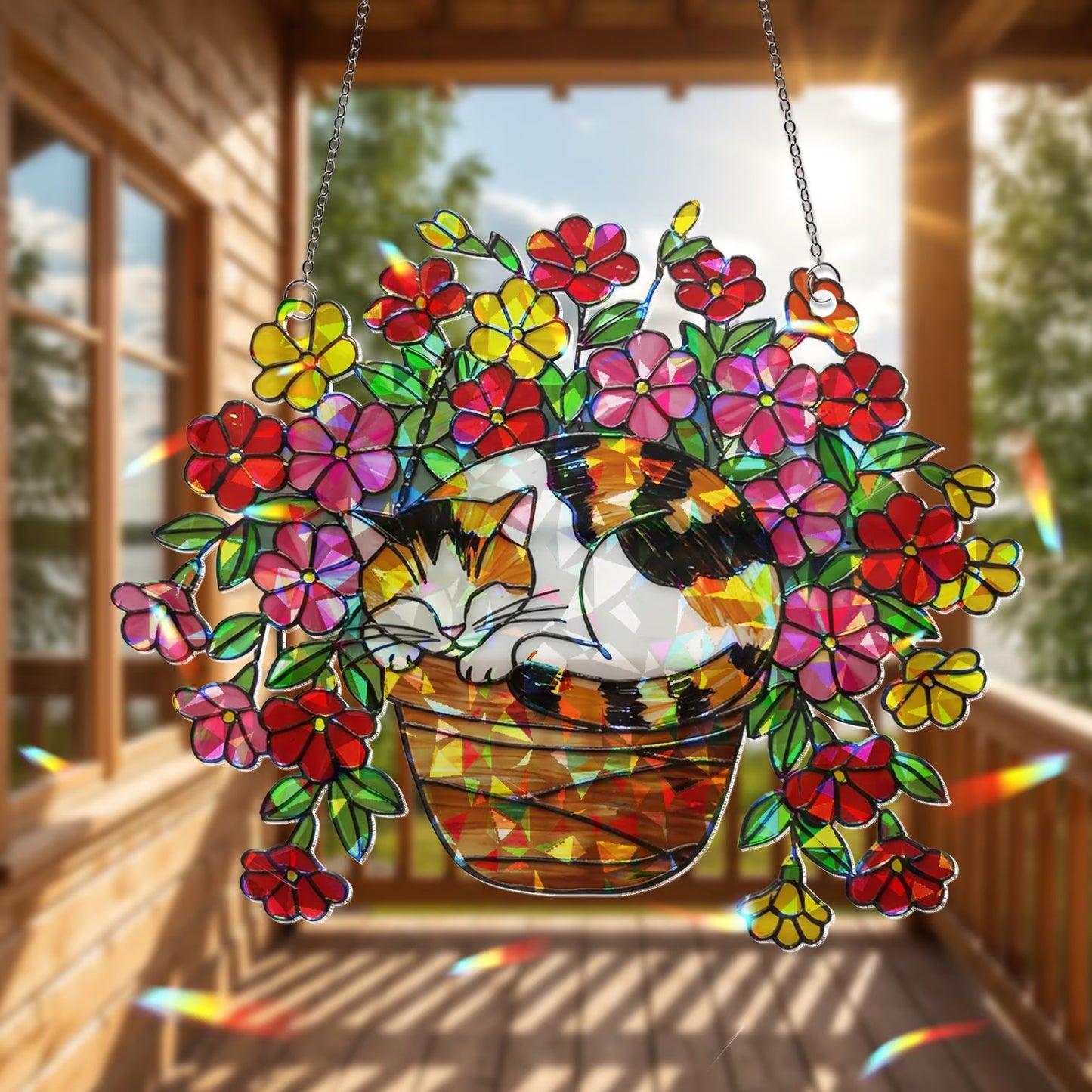 Calico Cat Flower Pot Hologram Acrylic Suncatcher