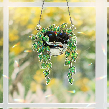 Black Cat Sleeping on Philodendron Hologram Acrylic Suncatcher