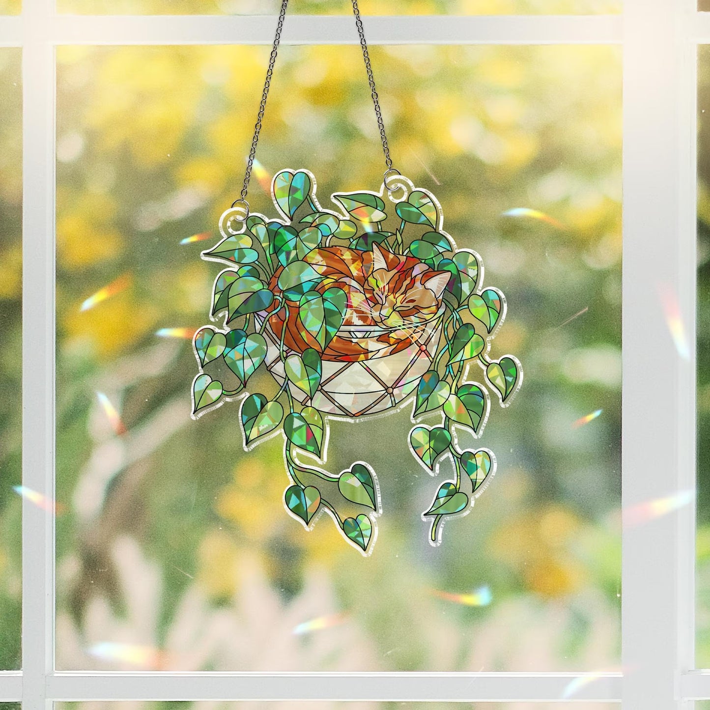 Orange Cat Sleeping on Philodendron Hologram Acrylic Suncatcher