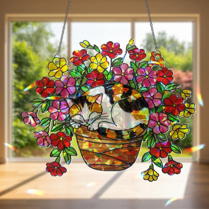 Calico Cat Flower Pot Hologram Acrylic Suncatcher