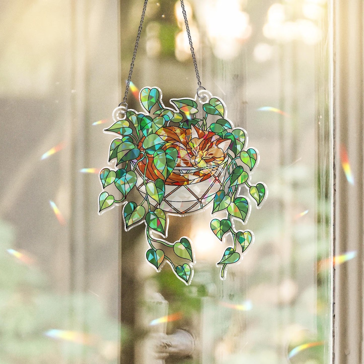 Orange Cat Sleeping on Philodendron Hologram Acrylic Suncatcher