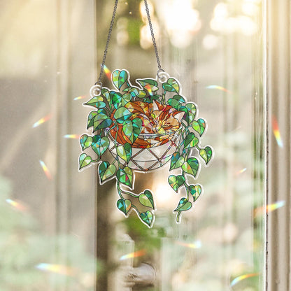 Orange Cat Sleeping on Philodendron Hologram Acrylic Suncatcher