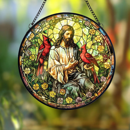 Jesus With Cardinals Stained Glass Suncatcher