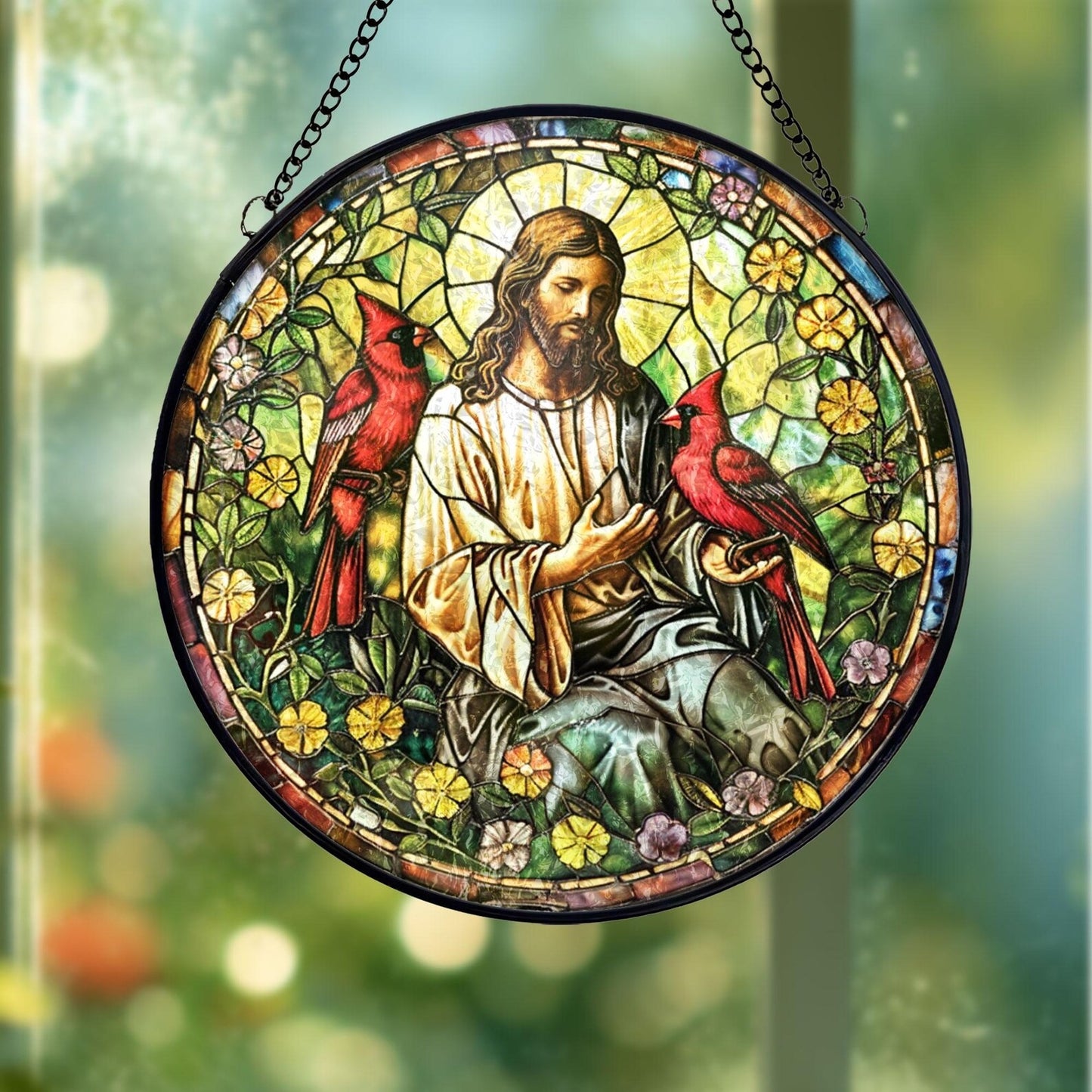 Jesus With Cardinals Stained Glass Suncatcher