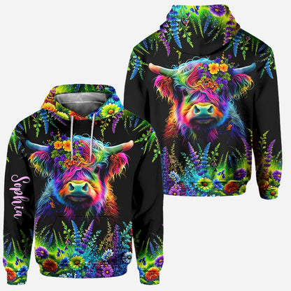 Personalized Beautiful Neon Highland Cow - Highland Cow Hoodie and Leggings