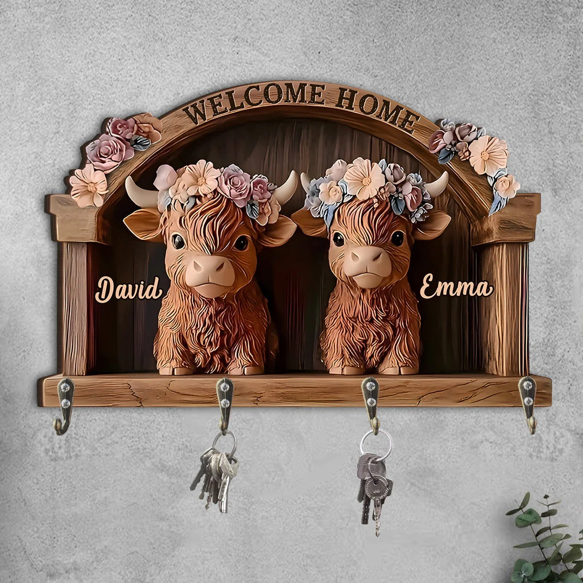 Welcome Home - Personalized Cow Custom Shaped Key Rack