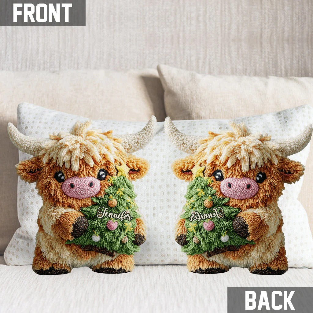 Cute Highland Cow Merry Christmas - Personalized Highland Cow Shaped Pillow