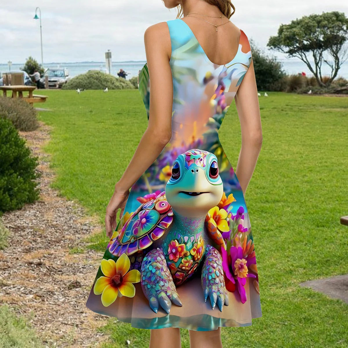 Sparkling Playful Turtle & Floral - Personalized Sleeveless Dress
