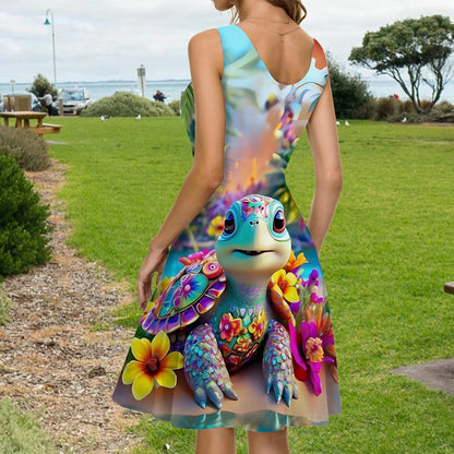 Sparkling Playful Turtle & Floral - Personalized Sleeveless Dress