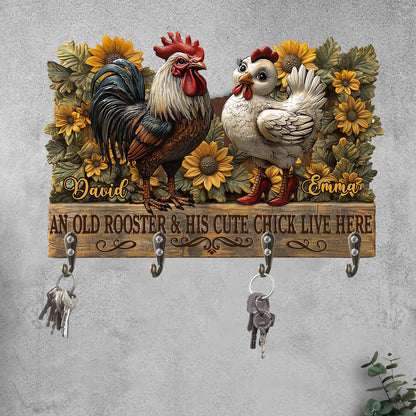 An Old Rooster And His Cute Chick Live Here - Personalized Chicken Custom Shaped Key Rack