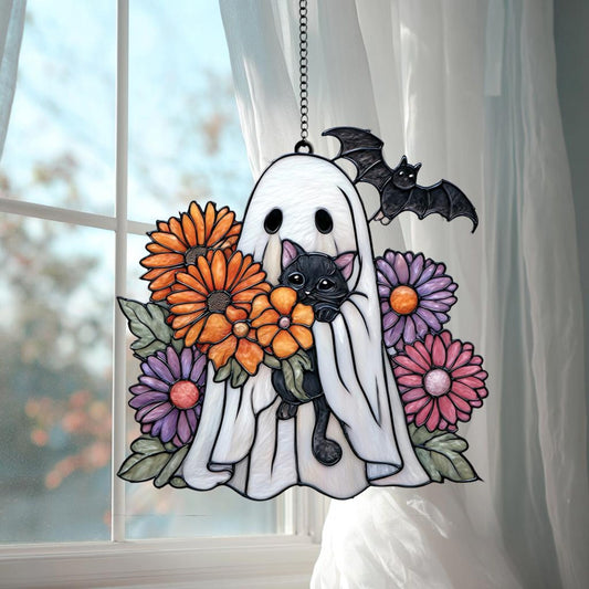 Halloween Ghost Cat Floral Acrylic Window Suncatcher