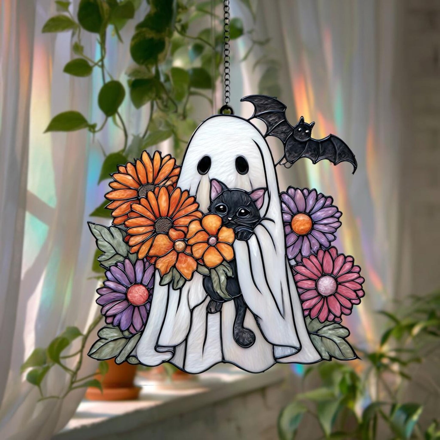 Halloween Ghost Cat Floral Acrylic Window Suncatcher