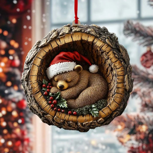 Sleeping Bear Christmas Wood Ornament