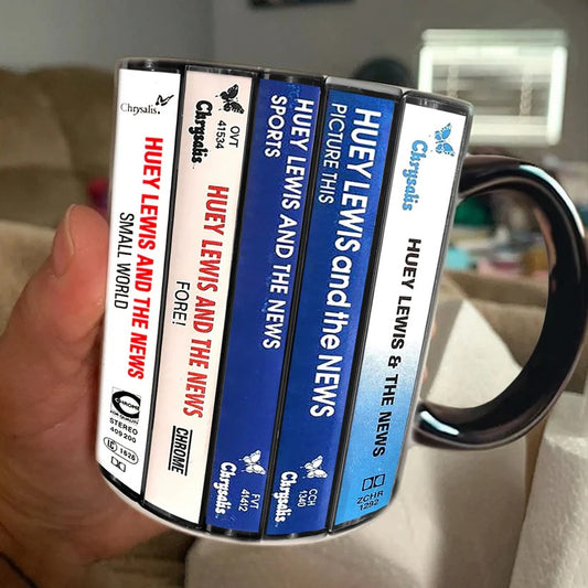 Huey Lewis Albums Cassette Collection Retro Accent Mug
