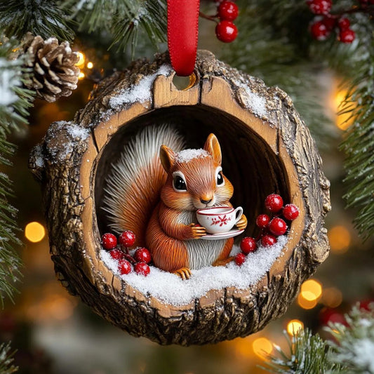 Squirrel Wooden Ornament, Christmas Decoration Wood Ornament