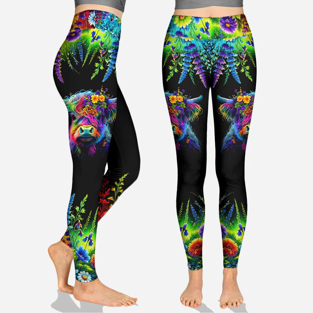 Personalized Beautiful Neon Highland Cow - Highland Cow Hoodie and Leggings