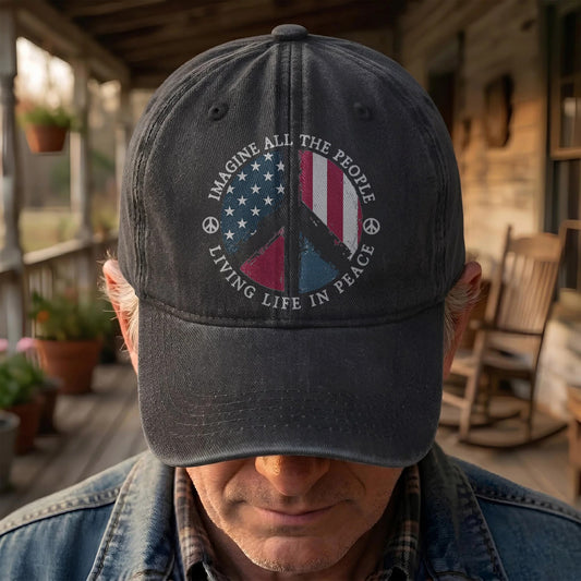 Imagine All The People Living Life In Peace Sign American Flag Denim Cap - Retro Vintage Dad Cap Gift For Dad