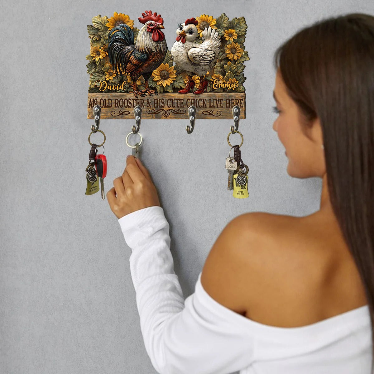 An Old Rooster And His Cute Chick Live Here - Personalized Chicken Custom Shaped Key Rack