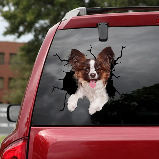 Papillon dog crack car Sticker, Dog Decal