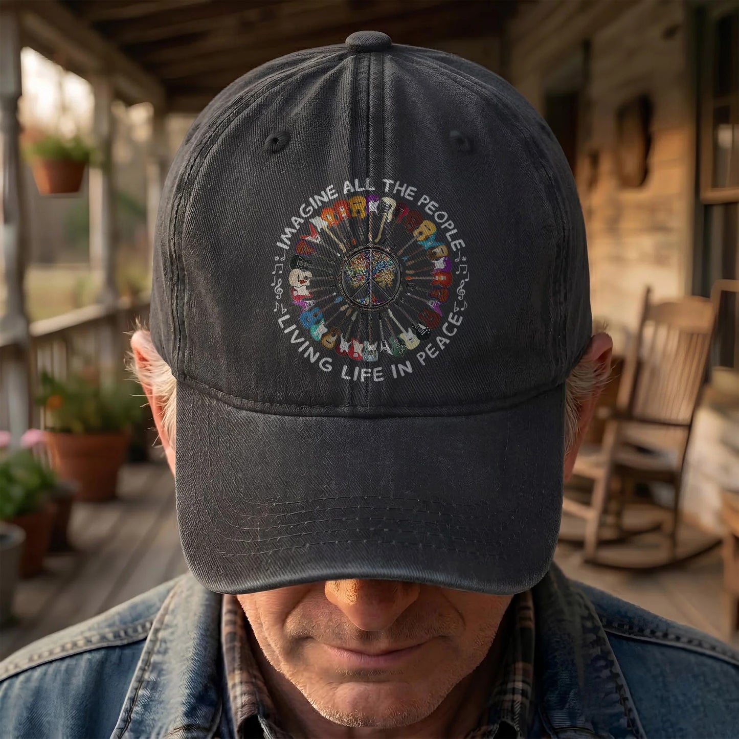Imagine All The People Living Life In Peace Denim Cap – Retro Music Cap Gift For Dad