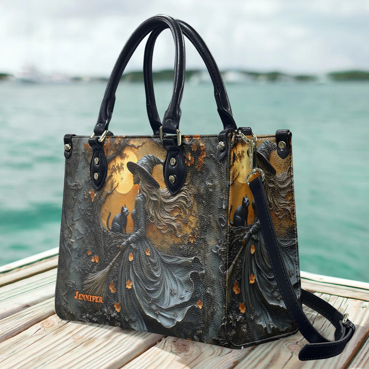 Beautiful Witch & Her Black Cat - Personalized Leather Handbag