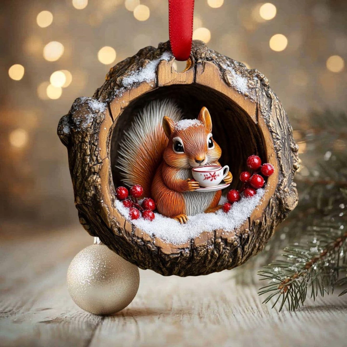 Squirrel Wooden Ornament, Christmas Decoration Wood Ornament