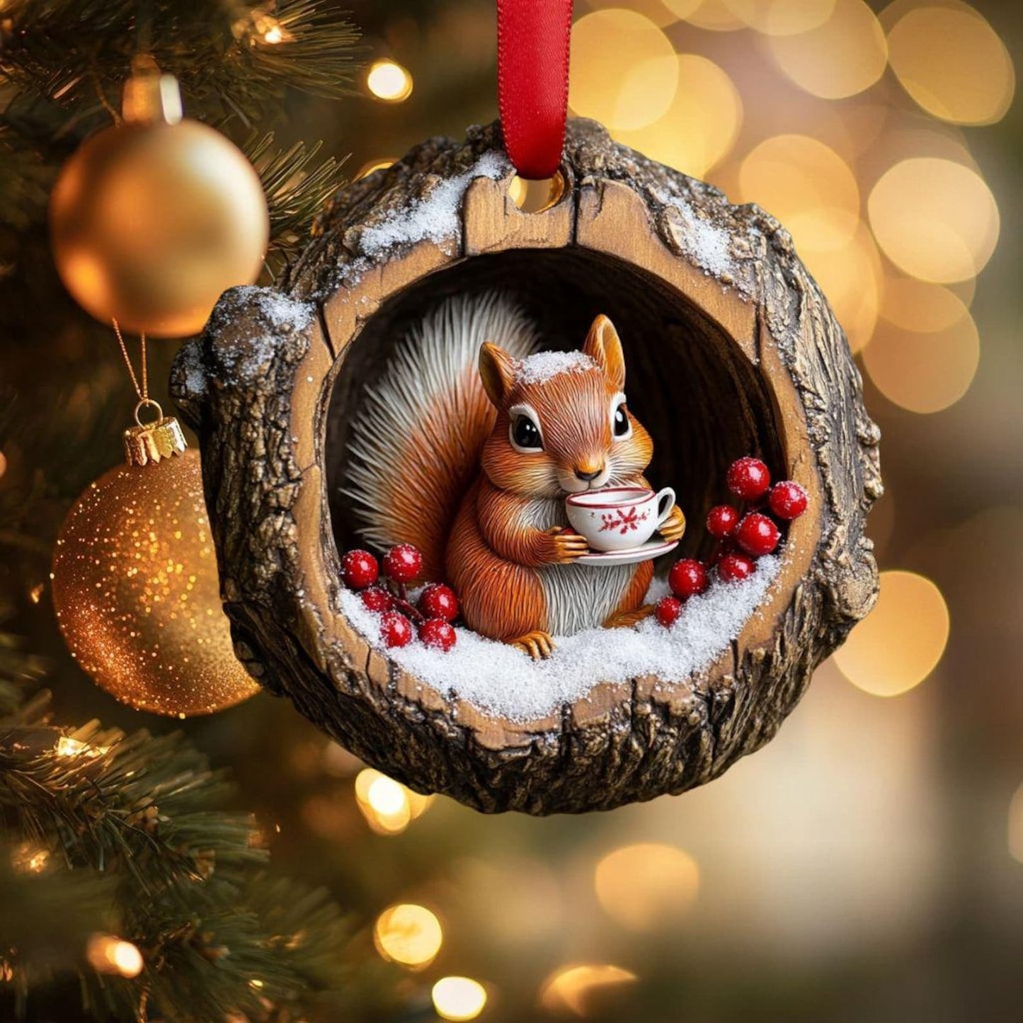 Squirrel Wooden Ornament, Christmas Decoration Wood Ornament