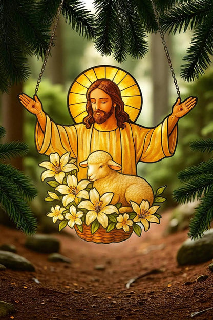 Lamb & Flowers Acrylic Window, Christian Home Decor