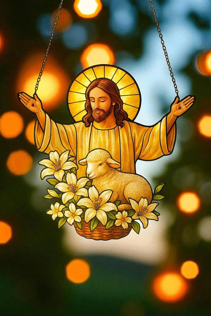 Lamb & Flowers Acrylic Window, Christian Home Decor