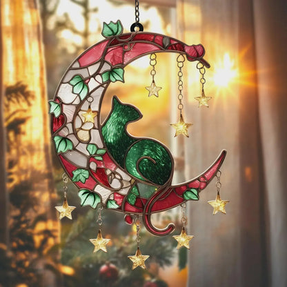 Cat on Crescent Moon Acrylic Window, Acrylic Window Hanging