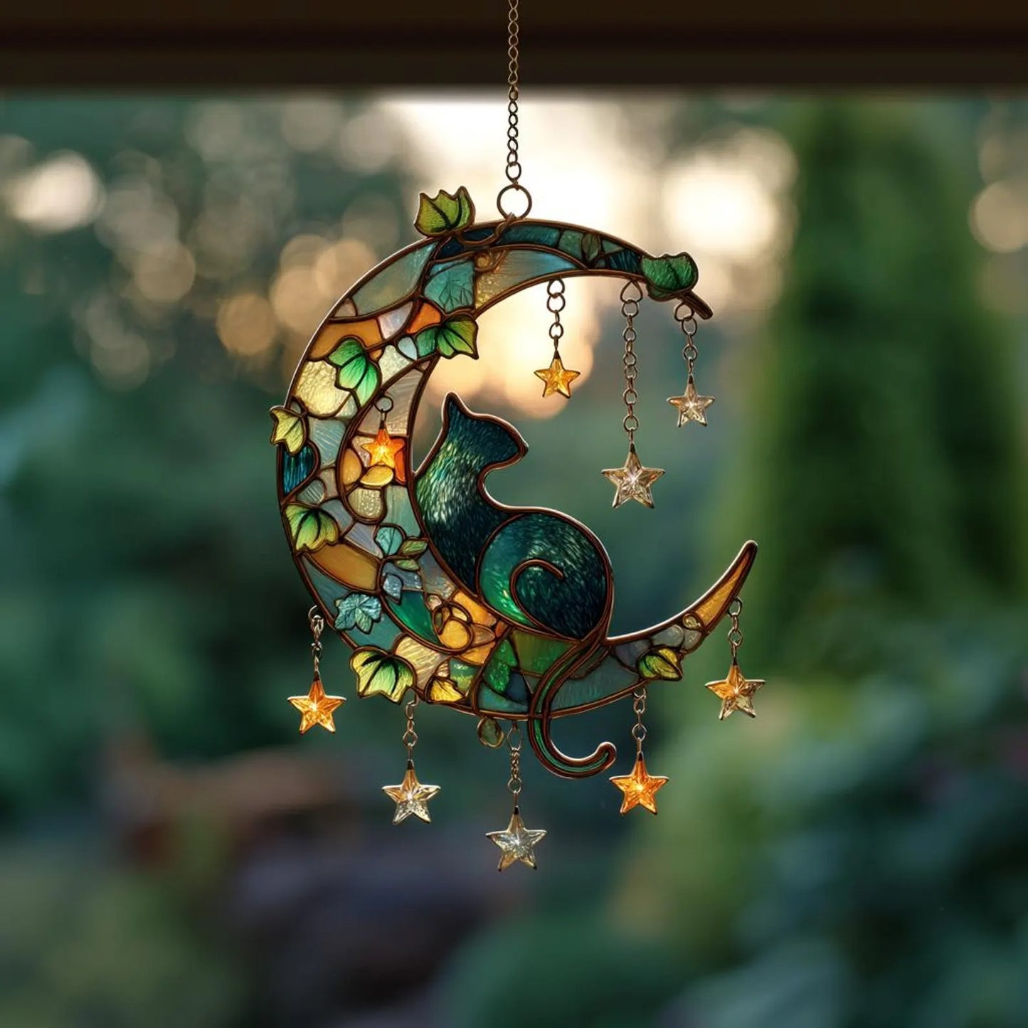 Cat on Crescent Moon Acrylic Window, Acrylic Window Hanging