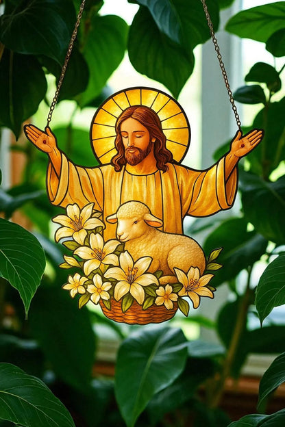 Lamb & Flowers Acrylic Window, Christian Home Decor
