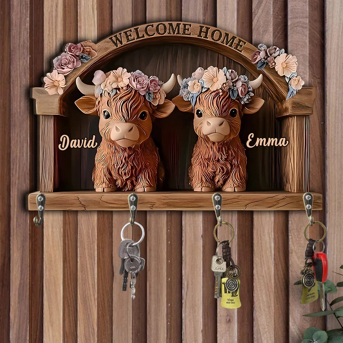 Welcome Home - Personalized Cow Custom Shaped Key Rack