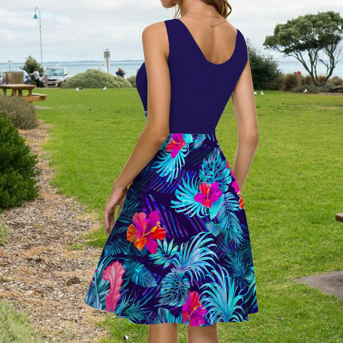 Tropical Leaf Hibiscus Flowers - Personalized Sleeveless Dress