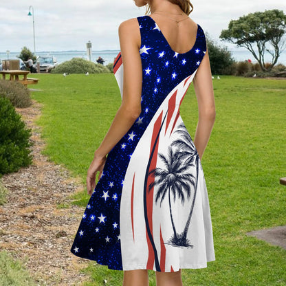 Patriotic American Flag Coconut Tree - Personalized Sleeveless Dress
