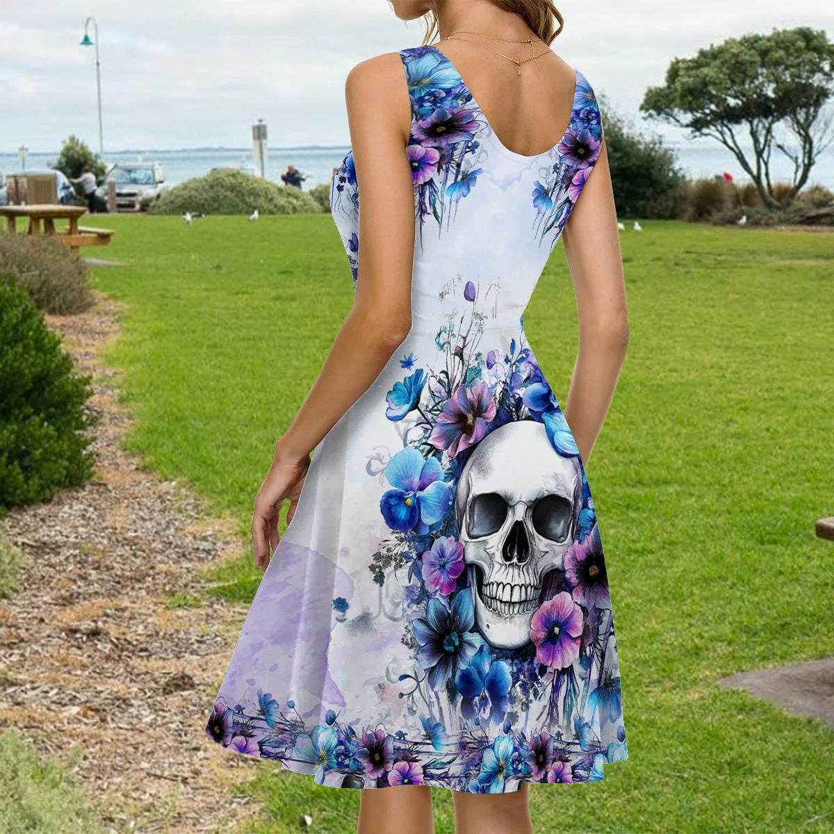 Watercolor Floral Skull - Personalized Sleeveless Dress