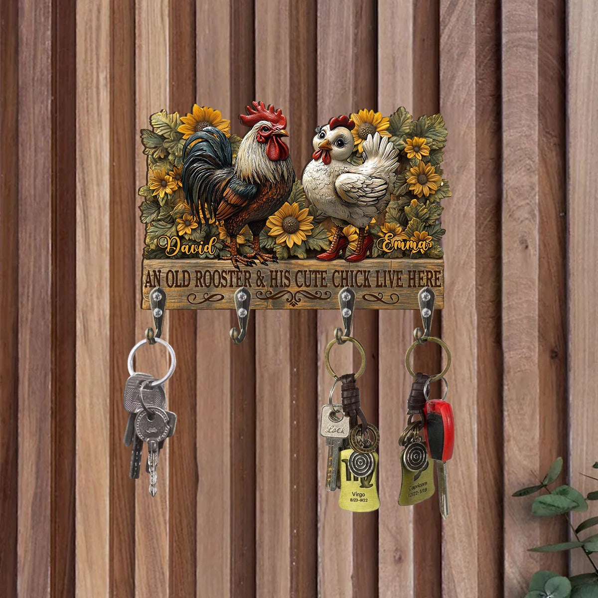 An Old Rooster And His Cute Chick Live Here - Personalized Chicken Custom Shaped Key Rack