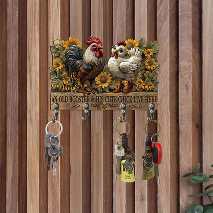 An Old Rooster And His Cute Chick Live Here - Personalized Chicken Custom Shaped Key Rack