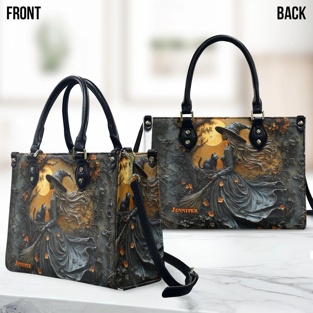 Beautiful Witch & Her Black Cat - Personalized Leather Handbag