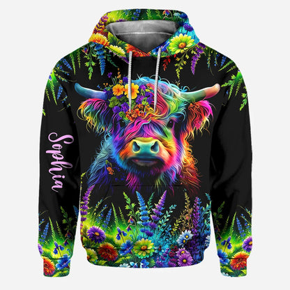 Personalized Beautiful Neon Highland Cow - Highland Cow Hoodie and Leggings