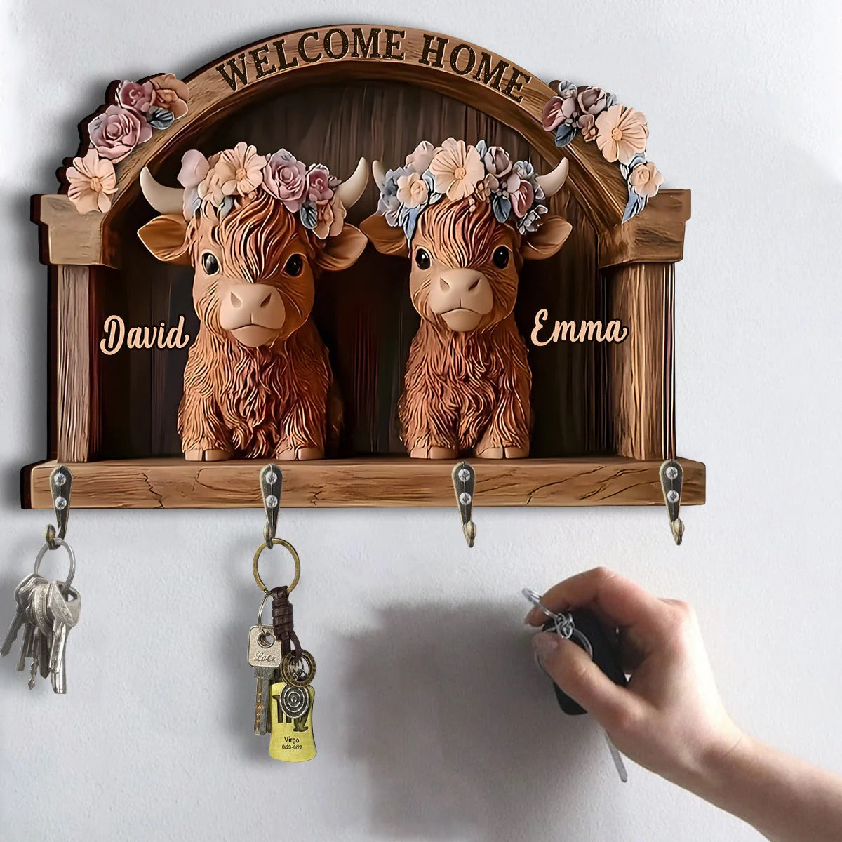 Welcome Home - Personalized Cow Custom Shaped Key Rack