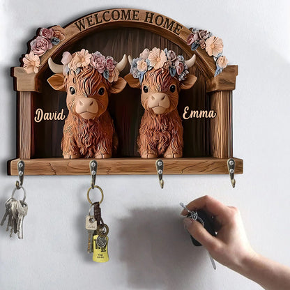 Welcome Home - Personalized Cow Custom Shaped Key Rack